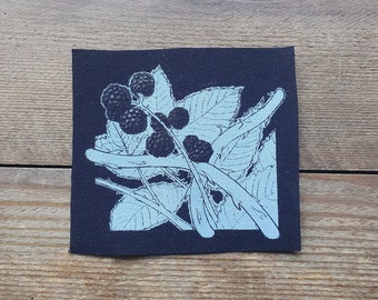 Botanical Bramble Sew-on Patch, Blackberries Design Handprinted onto 100% Cotton