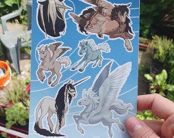 Unicorns and Pegasus Sticker Sheet, A6 size fantasy horse stickers
