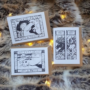 Desenhos escoceses de linóleo Selkie e Kelpie em cartões de felicitações A6, cartões em branco