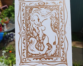 Unicorn linoprint, medieval inspired original mini art print with gold metallic ink, A6 size