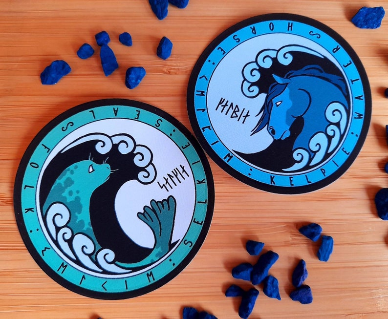 Selkie & Kelpie Stickers, Scottish folklore Designs with Futhark Runes image 1