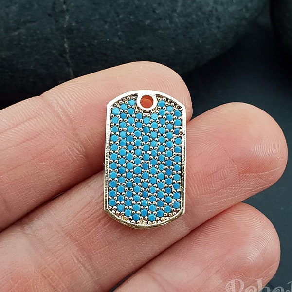 Gold Plated Pave Rectangle Pendant, Rectangle Necklace, Micro Pave Tag Charms, Blue Cubic Zirconia Charm, Bridal Jewelry, 1 pc