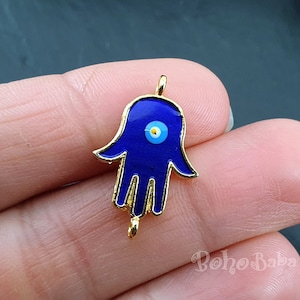 Gold Hamsa Charms, Blue Enamel Evil Eye Charms, Gold Hand Connector Charms, 2pc