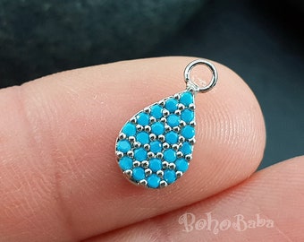 Silver Teardrop Pave Charm, Micro Pave Blue Cubic Zirconia Charms, 1pc