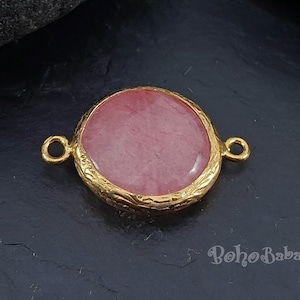 Rose Quartz Pink Jade Connector, Double Bail Charm, Gemstone Bracelet Finding, Gold Plated Hammered Bezel Connector Station Link, 17mm