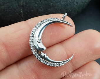 Pingente de lua pavimentada banhado a ródio, amuletos de micro pavimentação, pingente crescente de zircônia, pingentes de zircônia cúbica CZ, colar de chifre, joias de lua, 1 peça