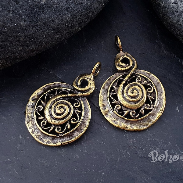 Bronze Swirl Charms, Tribal Bronze Charms, Spiral Charms, Swirl Pendant, Mini Spiral Charms, Tribal Earring Charms, Mini Swirl Charms, 2 pc