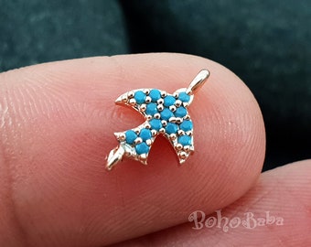 Micro Pave Charms Blue Zirconia Charms Rose Gold Swallow Bridal Jewelry Dainty Necklace Tiny Swallow Pave Charms Cubic Zirconia