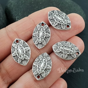 Tribal Silver Ellipse Charms, Silver Marquise Shape Charms, Ethnic Tibetan Jewelry Findings, 5 Pc