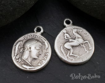 Silver Greek Coin Charm, Aphrodite Coin Medallion Pendant, Silver Roman Coin Jewelry , 2 Pc