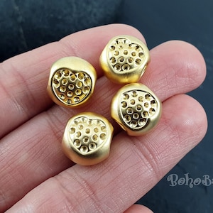 2pc Matte Gold Plated Dimpled Spacer 12x13.5mm Large Hole Tribal Macrame Bead