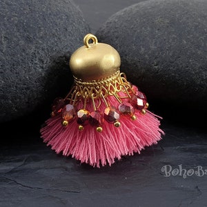 Gland en coton rose, perles de cristal, accessoires de bijoux pompon, pompon Boho, pendentif mini pompon, plaqué or, pompon de boucle d&#39;oreille