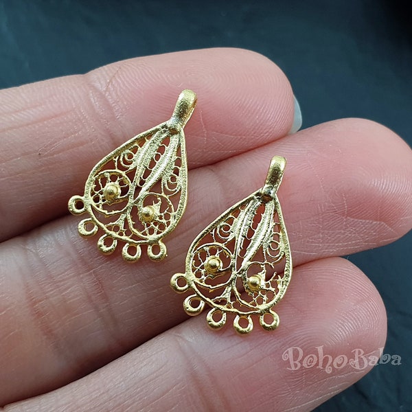 Gold Plated Tribal Charms, Mini Chandelier Earrings, Gold Filigree Charms, Multi Loop Connectors, 4 pc