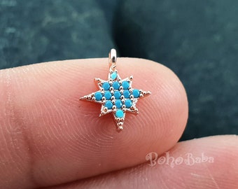 Pequeños encantos de pavé de estrella del norte de oro rosa, encantos de estrella del norte de micro pavé, estrella del norte de oro rosa