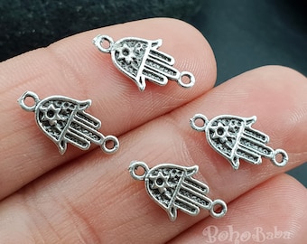 Silver Hamsa Connector Charms, Tiny Hamsa Findings, 10 Pc