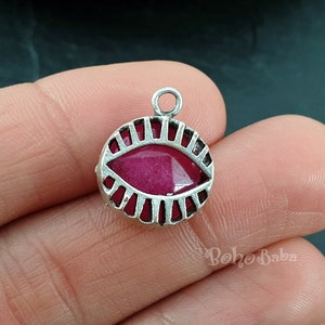 Ruby Red Jade Evil Eye Pendant: Silver Plated Boho Jewelry (14mm/18mm)