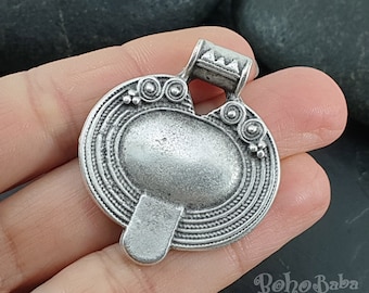 Tribal Silver Pendant, Large Oval Pendant, Silver Plated, Boho Jewelry, Silver Jewelry, Silver Dome Pendant, Ethnic Jewelry, 1 Pc