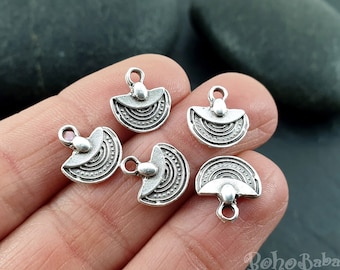 Antique Silver Plated Tribal Half Circle Charms, Earring Charms, Rustic Drop Charms, Ethnic Tibetan Jewelry, 12 Pc