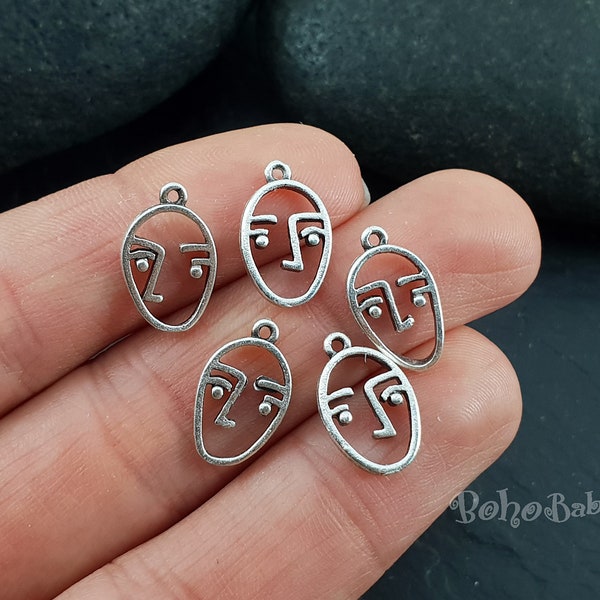 Silver Face Charms, Antique Silver Plated Tribal Mask Charms, 5 Pc
