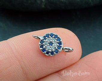 Tiny Silver Evil Eye Charm, Round Charms, Pave Evil Eye Bracelet Findings, Micro Pave Evil Eye Connector