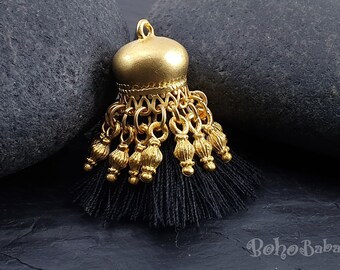 Black Cotton Tassel, Good Charm Beaded Chain, Tassel Jewelry Findings, Bohemian Tassel, Mini Tassel Pendant, Gold Plated, Earring Tassel