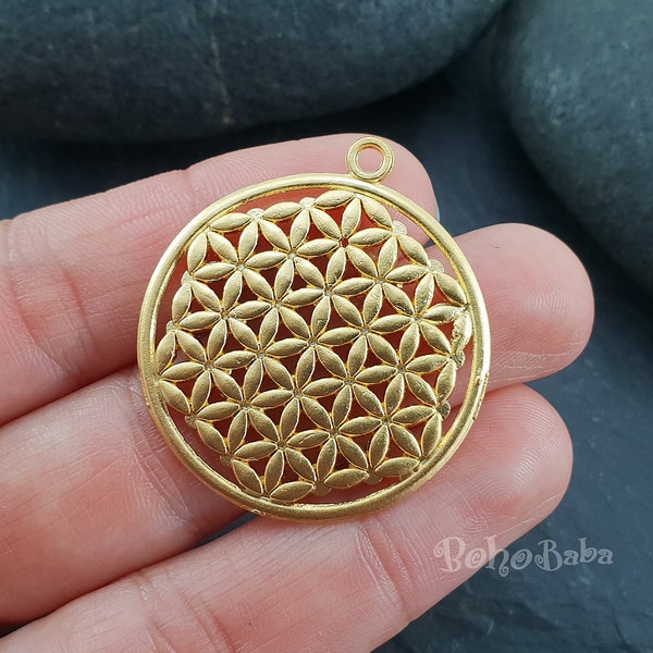 Gold Flower of Life Pendant, Filigree Flower of Life Charm, Yoga Jewelry Findings, 1 Pc