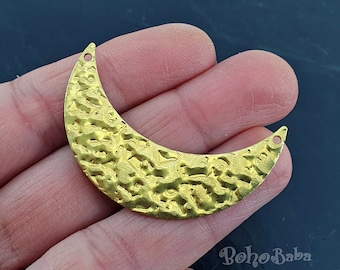Raw Brass Hammered Crescent Moon Charms: Large Pendant Connector (2 Pc)