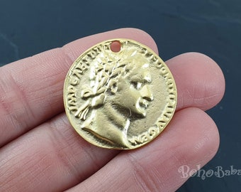 Large Gold Plated Greek Coin Pendant, Roman Medallion Charm
