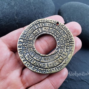 Bronze Phaistos Disc Pendant, Large Greek Coin Pendant, Phaistos Hoop Medallion Pendant, 1 Pc