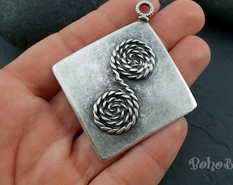 Bohemian Silver Plated Square Swirl Pendant, Large Tribal Jewelry Finding