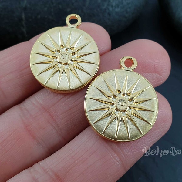 Gold Sun Pendant, Sun Charm, Mandala Charms, Tribal Charms, Gold Coin Charms, Round Disc Charms, Ethnic Pendants, Sunburst Pendant, 2 Pc