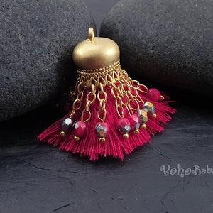 Red Cotton Tassel, Crystal Beaded Gold Chain, Tassel Jewelry Findings, Bohemian Tassel, Mini Tassel Pendant, Gold Earring Tassel