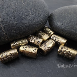 Bronze Tube Beads, Bronze Mala Beads, Large Hole Beads, Bali Beads, Floral Beads, 4 Pc