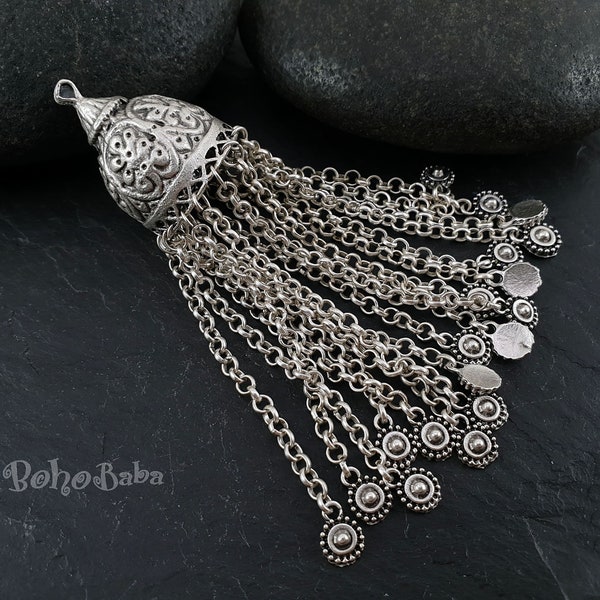 Silver Tassel, Antique Silver Plated Chain Tassel, Silver Chain Tassel Necklace with Mini Coin Charms, Tassel Jewelry, Metal Tassel