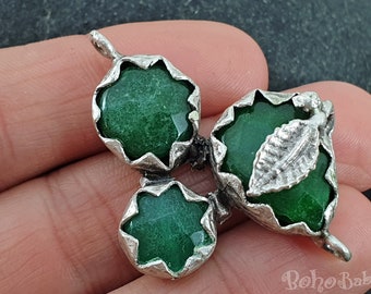 Emerald Green Gemstone Connector, Antique Silver Plated Focal Pendant,