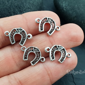 Silver Horseshoe Charms, Silver Horseshoe Connectors, Horseshoe Findings, 6 Pc