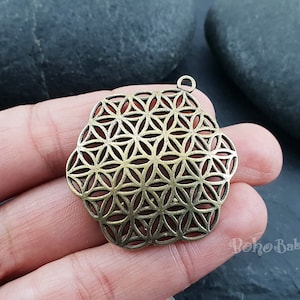 Bronze Flower of Life Charm, Hexagon Pendant, Yoga Jewelry Findings, 1 Pc