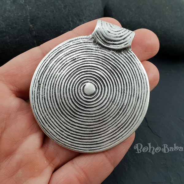 Large Silver Disc Pendant, Round Pendant, Silver Findings, Mandala Necklace, Large Silver Medallion, Tribal Pendant, Ethnic, Tribal Jewelry
