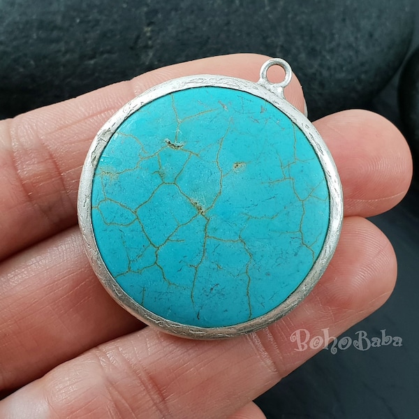 Large Turquoise Pendant, Round Pendant, Silver Plated Brass, Hand Made, Hammered Bezel, Jewelry Supplies, Gemstone Pendant, Gemstone Jewelry