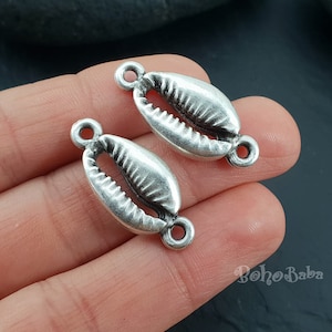 Silver Seashell Connector Charms, Seashell Bracelet Connector, Cowrie Shell Charms, 3 Pc