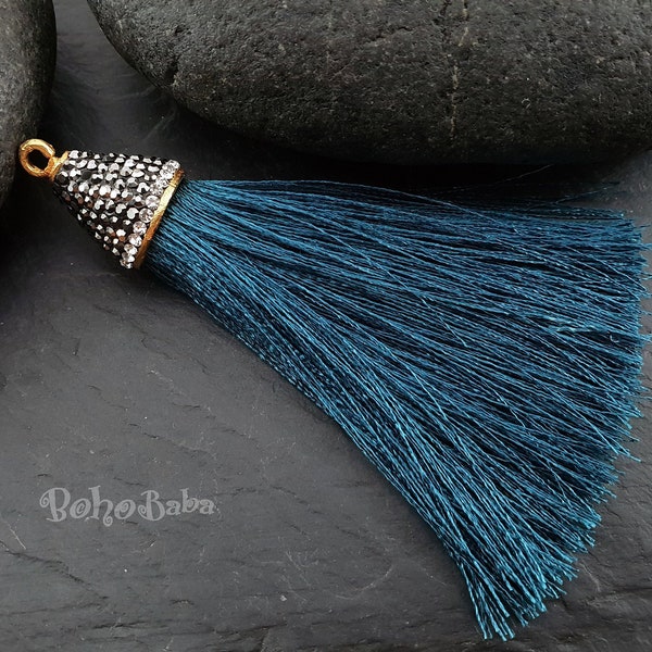 Teal Silk Tassel Pendant with Zirconia Pave Tassel Cap, Rhinestone Tassel Necklace, Boho Tassel, Bohemian Jewelry