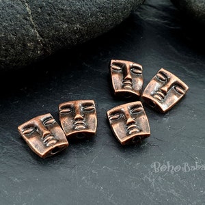Copper Face Beads, Copper Beads, Face Bead Spacers, Mask Face Spacer Beads, Metal Face Beads, Copper Jewelry Findings, 3 Pc