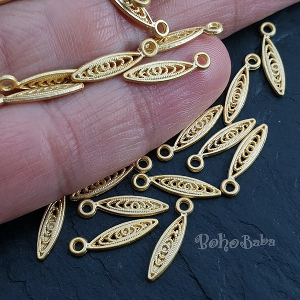 Mini Gold Filigree Leaf Charms, Gold Spike Drop Charm, Filigree Leaf Earrings, Gold Jewelry, Dainty Filigree Charm, 20Pc