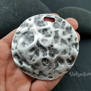 Antique Silver Plated Large Hammered Disc Pendant, Round Large Necklace, Tribal Ethnic Jewelry, 1 Pc