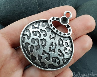Antique Silver Plated Large Oval Pendant, Boho Jewelry, Tribal Jewelry Findings, 1 Pc
