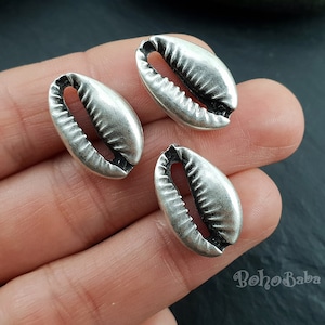 Silver Seashell Charms, Seashell Connector Charms, Cowrie Shell Charms, Bracelet Findings, 3 Pc