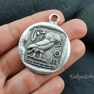 Antique Silver Plated Athena Coin Charm, Large Silver Owl Coin Pendant, Greek Coin Medallion Coin Charm, 1 pc