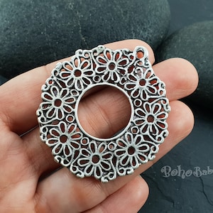 Silver Hoop Pendant, Round Silver Pendant, Silver Disc Pendant, Ethnic Jewelry, Large Round Pendant, Flower Pattern, Silver Jewelry, 1 Pc
