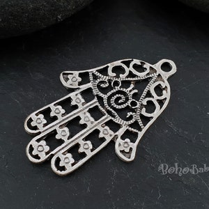 Silver Hamsa Pendant, Antique Silver Plated Silver Plated Hamsa Charm, 2 Pc