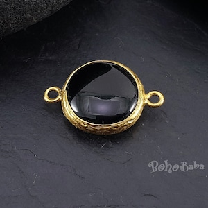 Onyx zwarte jade verbindingshanger, 16 mm ronde edelsteenhanger, vergulde ringverbinding